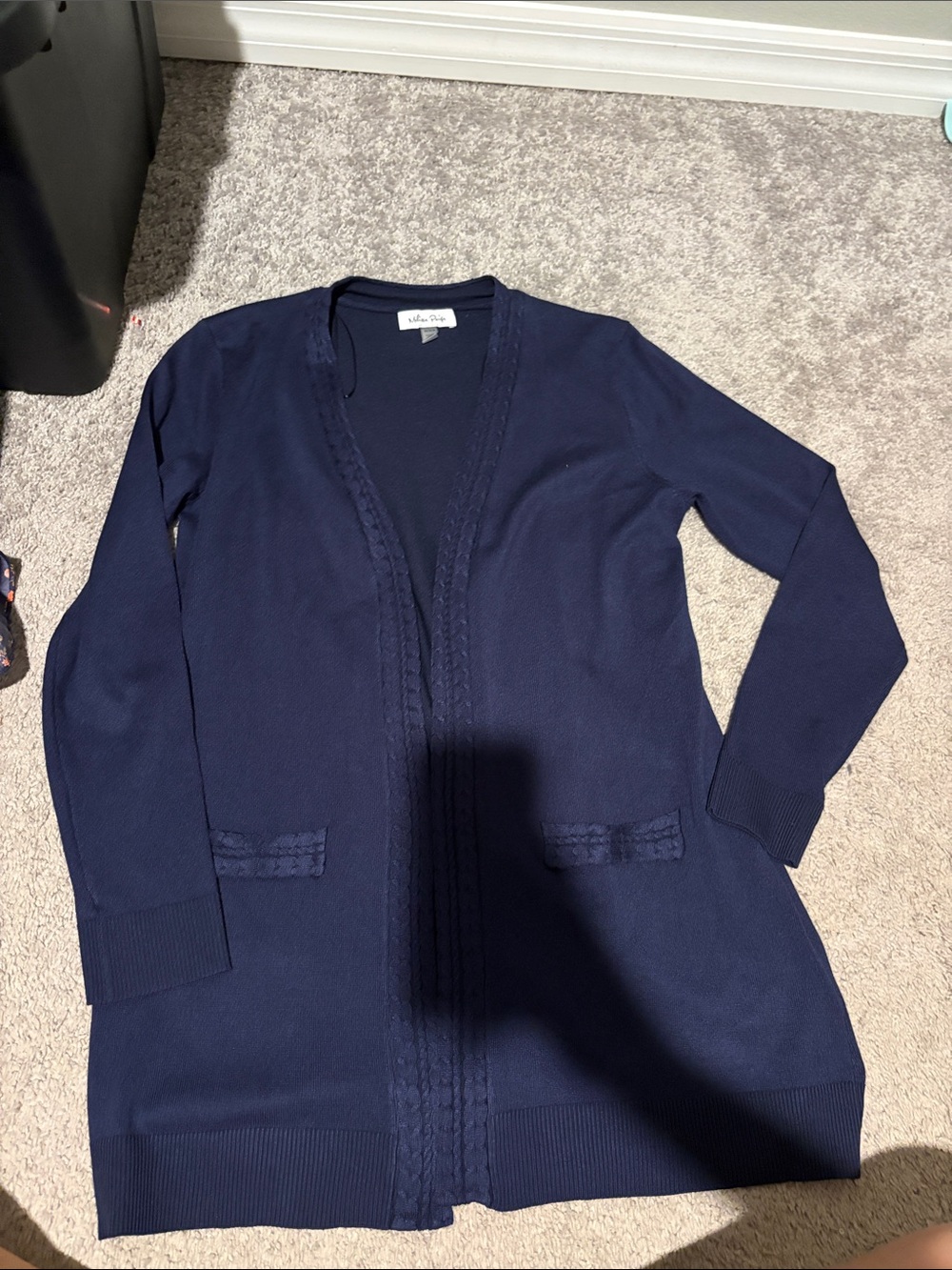 Melissa Paige Navy Open-Front Cable-Trim Cardigan